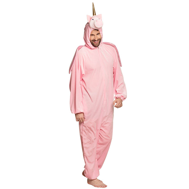 Eenhoorn onesie voor heren met eenhoornkop op de capuchon en vleugels op de schouders