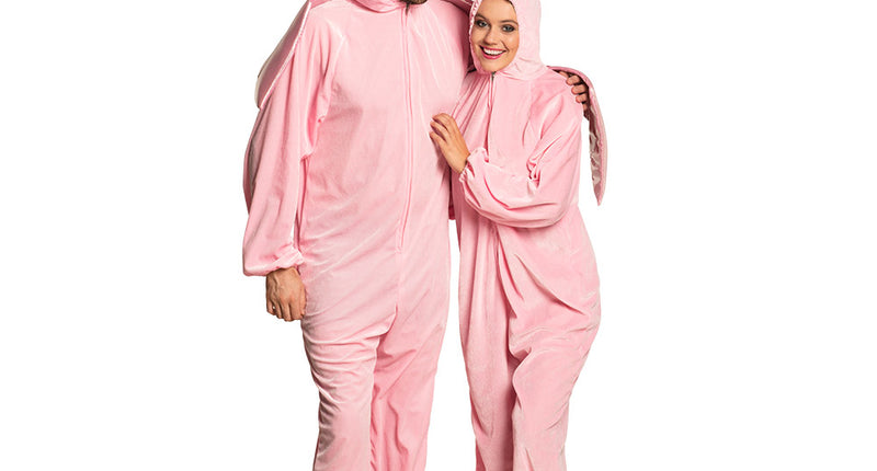 Eenhoorn onesie volwassenen in pluche, gedragen door een man en een vrouw met capuchon en gouden hoorn