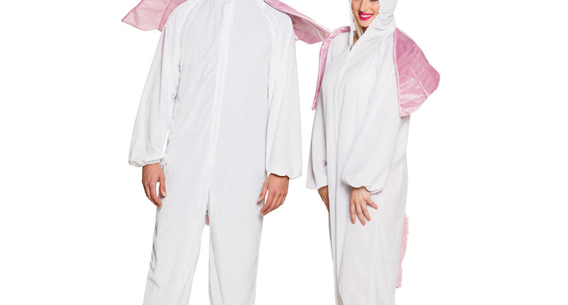 Eenhoorn onesie volwassenen in wit pluche met roze vleugels, gedragen door een man en een vrouw