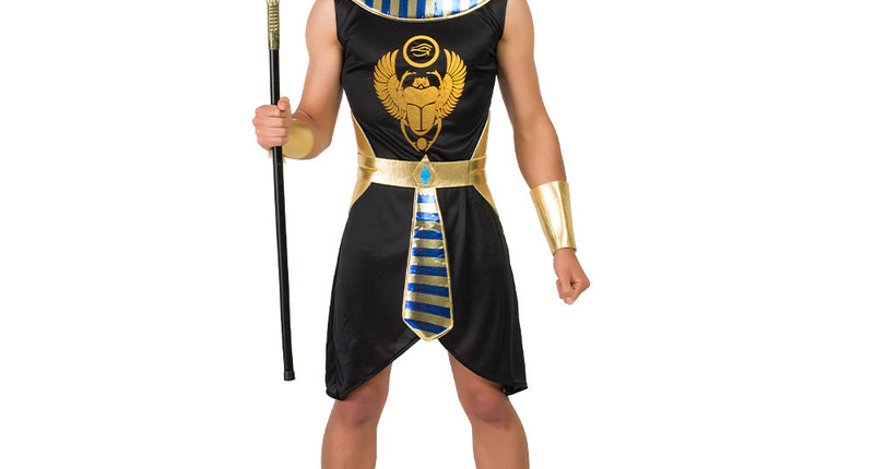 Egyptisch kostuum Osiris heren, zwart gewaad met gouden scarabee, blauw-goud gestreepte kraag en gouden riem