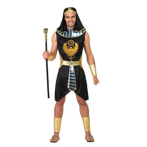 Egyptisch kostuum Osiris heren, zwart gewaad met gouden scarabee, blauw-goud gestreepte kraag en gouden riem