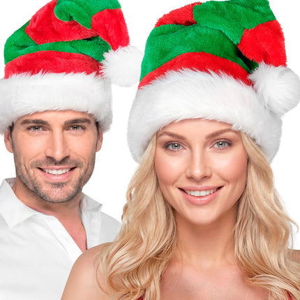 Elf hoed pluche gedragen door man en vrouw, rood-groene kerstmuts voor Kerst