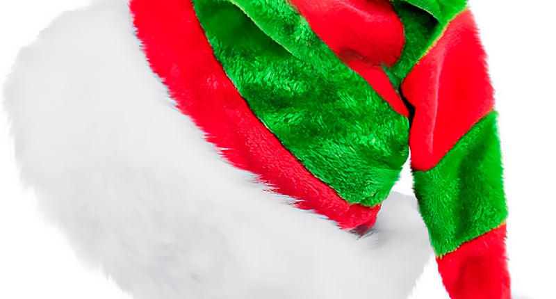 Elf hoed pluche in rood en groen met witte pluchen rand en witte pompon aan de punt