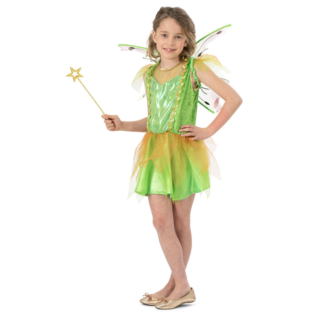 Elf Mila groen elfenjurkje met gouden blaadjesbies en puntige glittertule, gedragen door een meisje voor carnaval