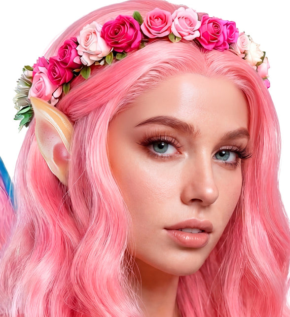 Elf oortje bij roze haar met bloemenkrans, huidkleurige spitse punt boven de haarlijn