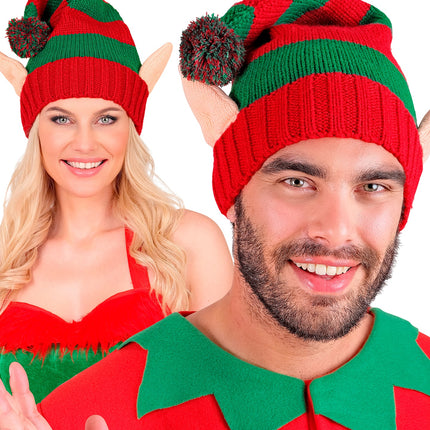 Elfenmuts kersthulpje gedragen door vrouw en man tijdens Kerst