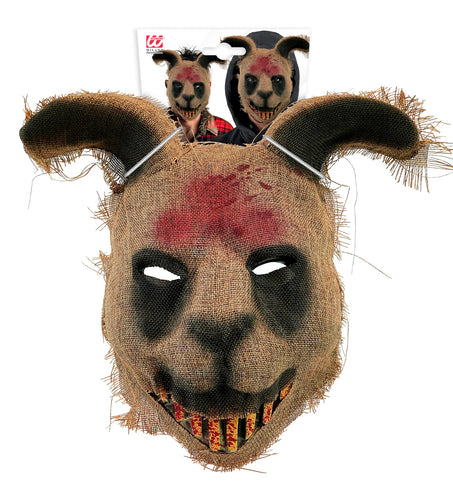 Eng konijnenmasker met omhoogstaande oren en gerafelde randen, vooraanzicht van het volledige masker