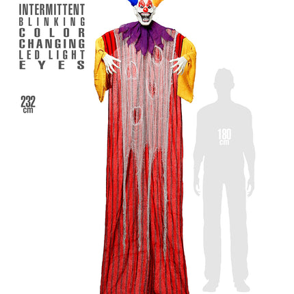 Enge clown decoratie 232cm naast silhouet van 180 cm, hoogtevergelijking van de hangdecoratie