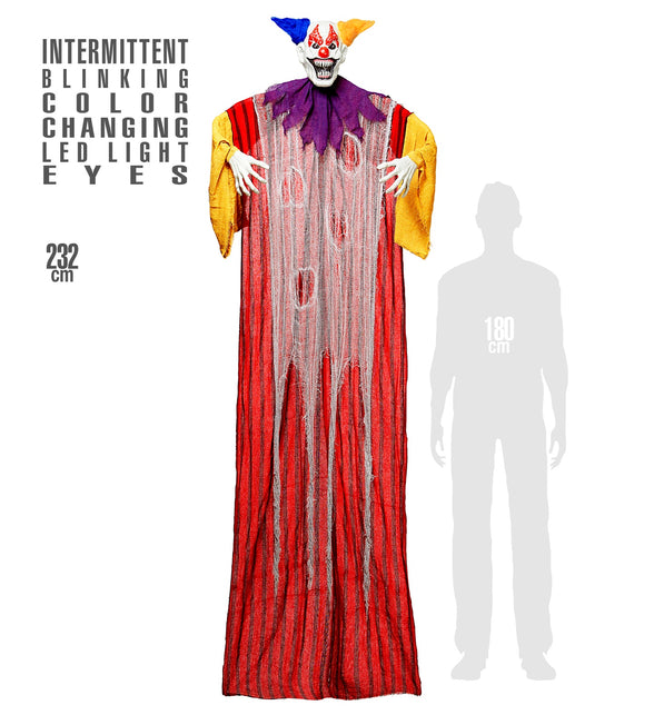 Enge clown decoratie 232cm naast silhouet van 180 cm, hoogtevergelijking van de hangdecoratie