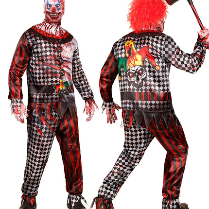 Enge clown kostuum heren met geplooide kraag, knopenrij en gepunte zoom aan jas en broek