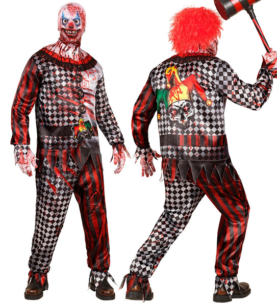 Enge clown kostuum heren met geplooide kraag, knopenrij en gepunte zoom aan jas en broek