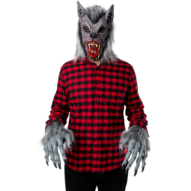 Enge weerwolf set Boris: grijs masker met open muil en harige handschoenen met zwarte klauwen, voor Halloween