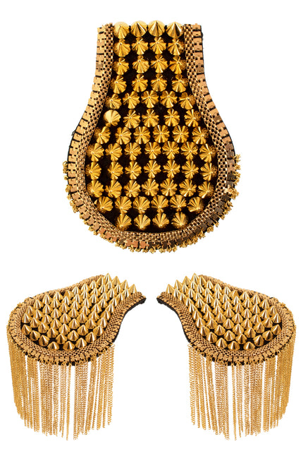 Epauletten met spikes goud, set van twee schouderstukken met gouden kettingfranje