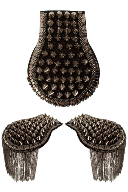 Epauletten met spikes grijs metallic, paar schouderstukken met zwarte ondergrond en kettingfranje