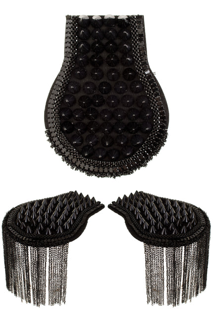Epauletten met spikes zwart, set van twee schouderstukken met zwarte studs en franje van kettinkjes