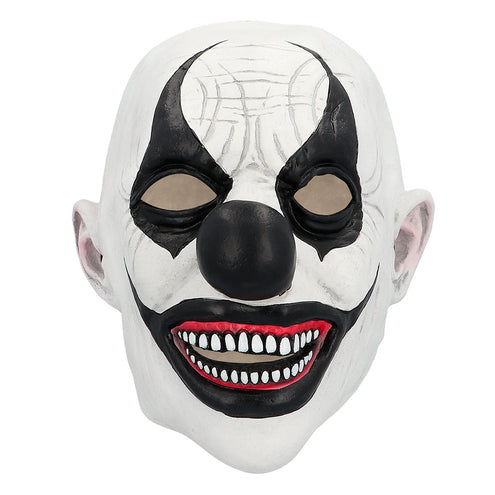 Evil clown hoofdmasker van latex, vooraanzicht met zwarte punten rond de ogen en rode lippen