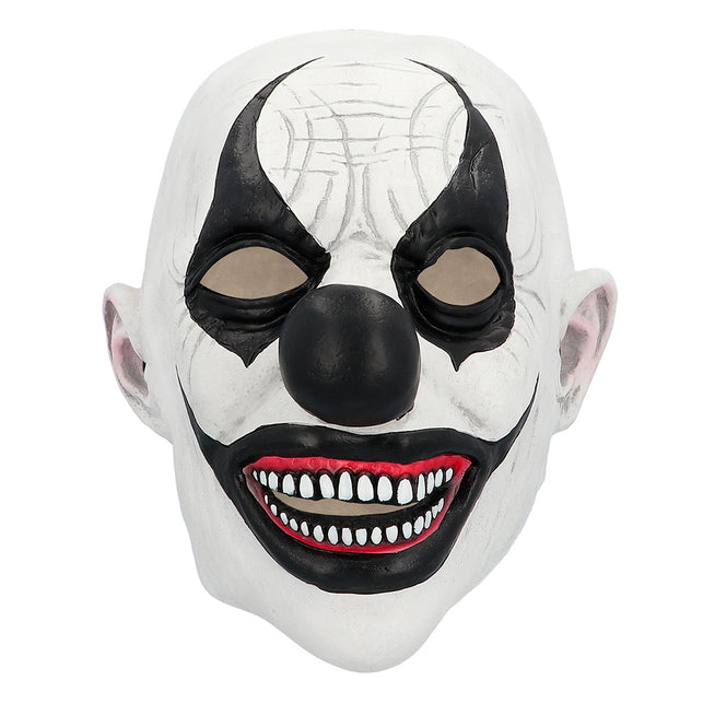 Evil clown hoofdmasker van latex, vooraanzicht met zwarte punten rond de ogen en rode lippen