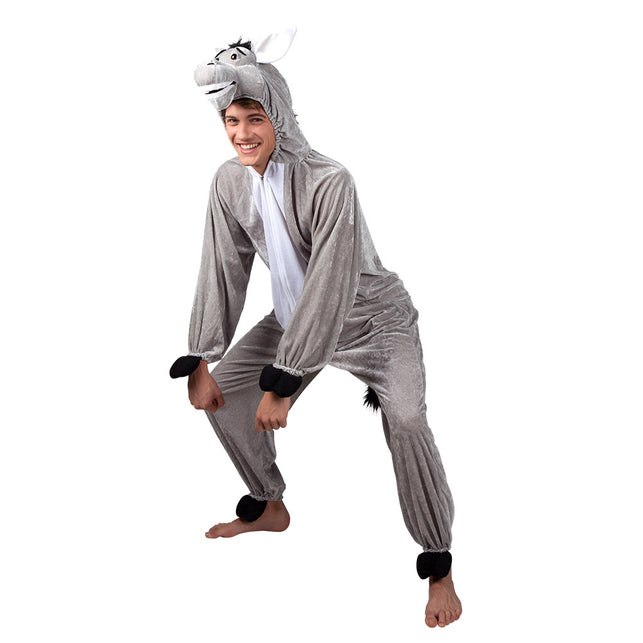 Ezel onesie pluche met ezelkop op de capuchon, gedragen op een themafeest