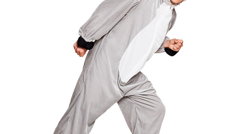 Ezel onesie pluche grijs met capuchon met ezelkop en zwarte hoefjes voor carnaval