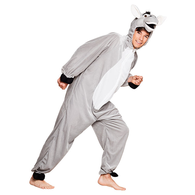 Ezel onesie pluche grijs met capuchon met ezelkop en zwarte hoefjes voor carnaval
