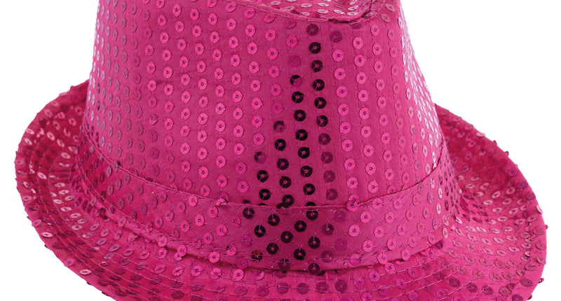 Fedora hoed met pailletten roze met omgeslagen rand en sierband, voor een discofeest