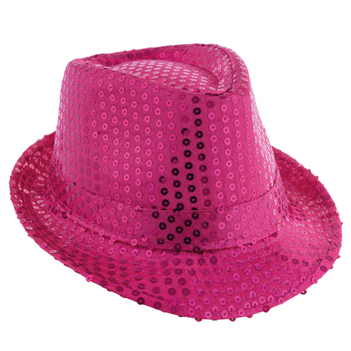 Fedora hoed met pailletten roze met omgeslagen rand en sierband, voor een discofeest