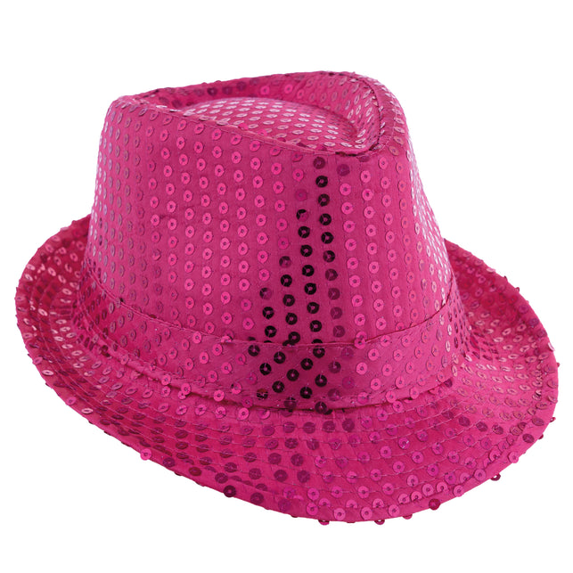 Fedora hoed met pailletten roze met omgeslagen rand en sierband, voor een discofeest