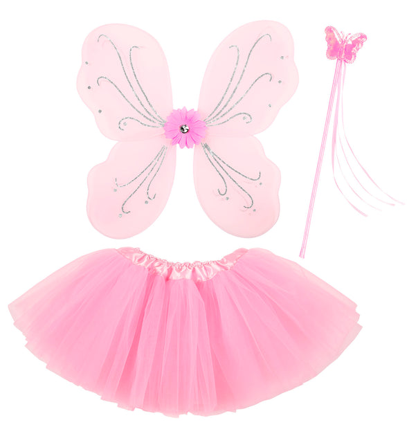 Fee verkleedset met roze tutu, vleugels met zilveren glitterkrullen en vlindertoverstaf