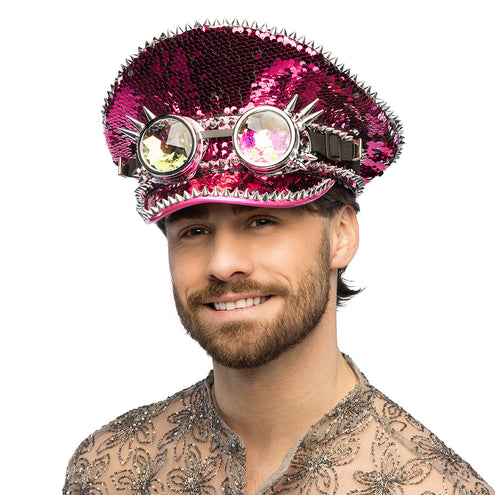 Festival pet met partybril recht op het hoofd, ronde zilveren monturen met spikes boven de klep