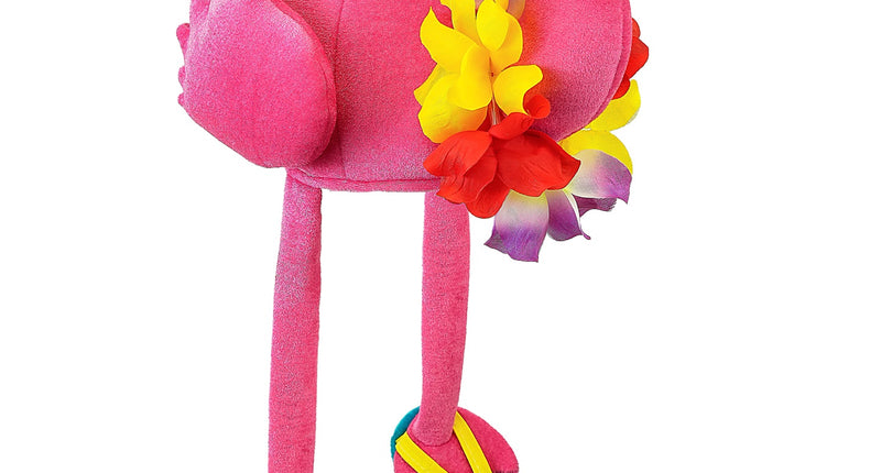 Flamingo hoed hawaii in roze pluche met zwarte snavel, bloemenkrans en lange poten met slippers