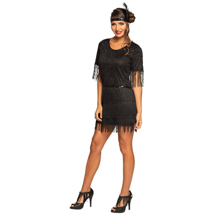 Flapper jurk Darcy zwart met franjes op rok en mouwen, met paillettenhoofdband met veer, voor een jaren 20 feest
