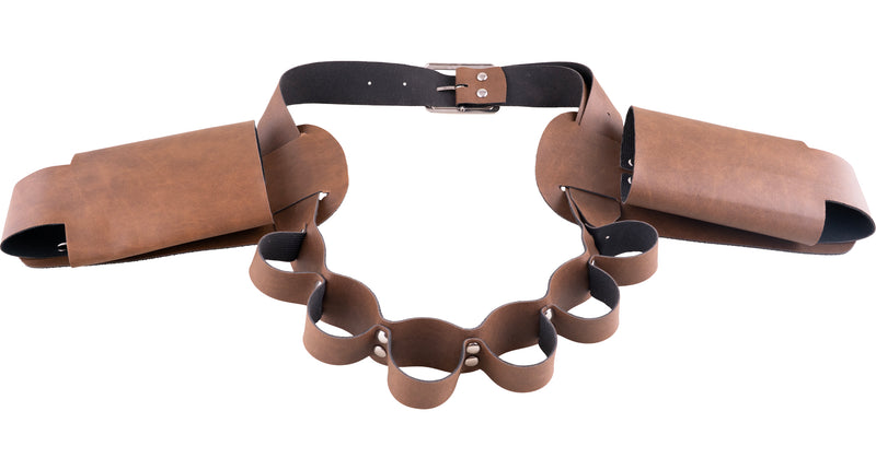 Flessen holster met 6 glaasjes, bruine gordel met twee flessenhouders en metalen gesp