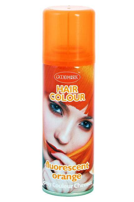 Fluor oranje haarkleurspray 125 ml van Goodmark, spuitbus met oranje dop en model met oranje haar
