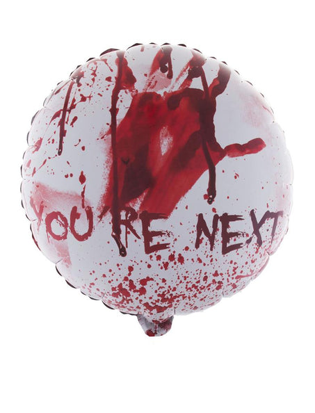 Folie ballon Halloween in wit met rode bloedspatten en de opdruk You're next, ronde ballon voor halloweendecoratie