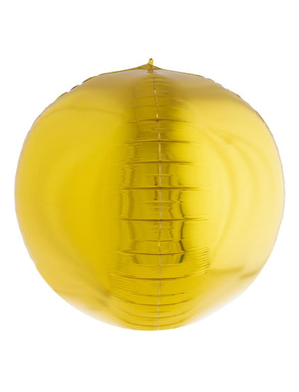 Folieballon 3D bol goud van 81 cm, glanzende bolvorm met zichtbare naden en vulpuntje bovenaan
