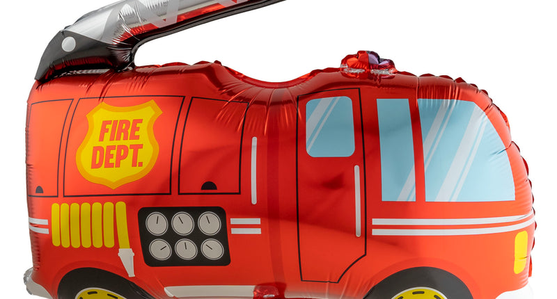 Folieballon brandweerwagen in rood met zilveren ladder, gele wielen en Fire Dept.-embleem voor een kinderfeestje
