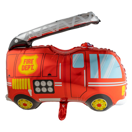 Folieballon brandweerwagen in rood met zilveren ladder, gele wielen en Fire Dept.-embleem voor een kinderfeestje