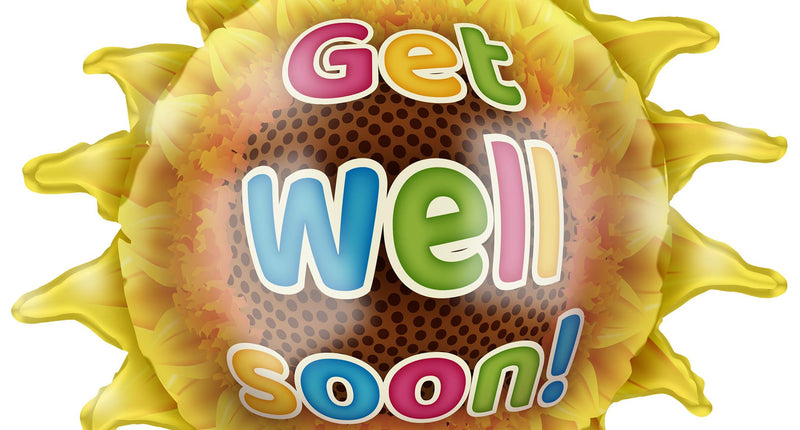 Folieballon get well soon in de vorm van een gele zonnebloem met kleurige beterschapstekst