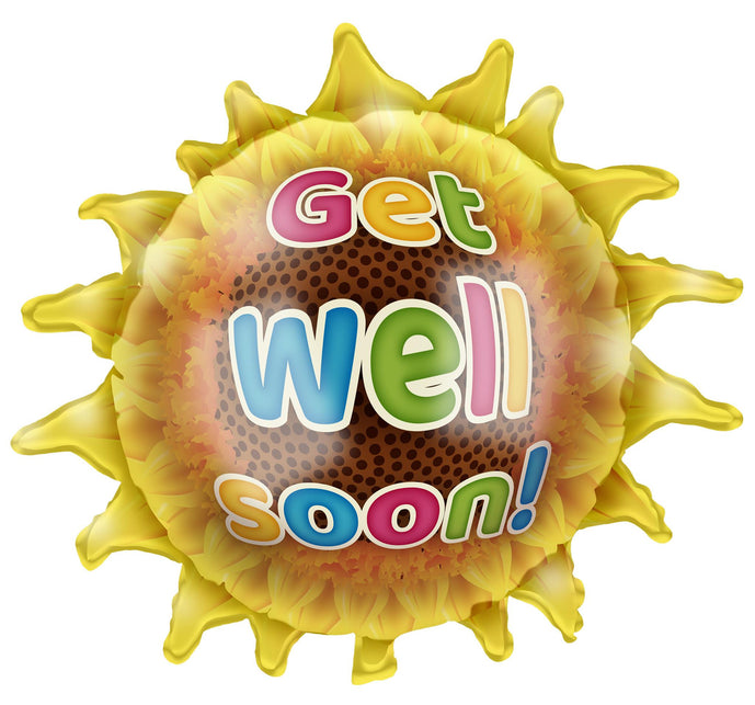 Folieballon get well soon in de vorm van een gele zonnebloem met kleurige beterschapstekst