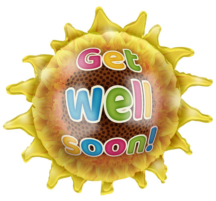Folieballon get well soon in de vorm van een gele zonnebloem met kleurige beterschapstekst