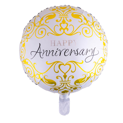 Folieballon Happy Anniversary rond wit met gouden krullen en zwarte sierletters voor een jubileum