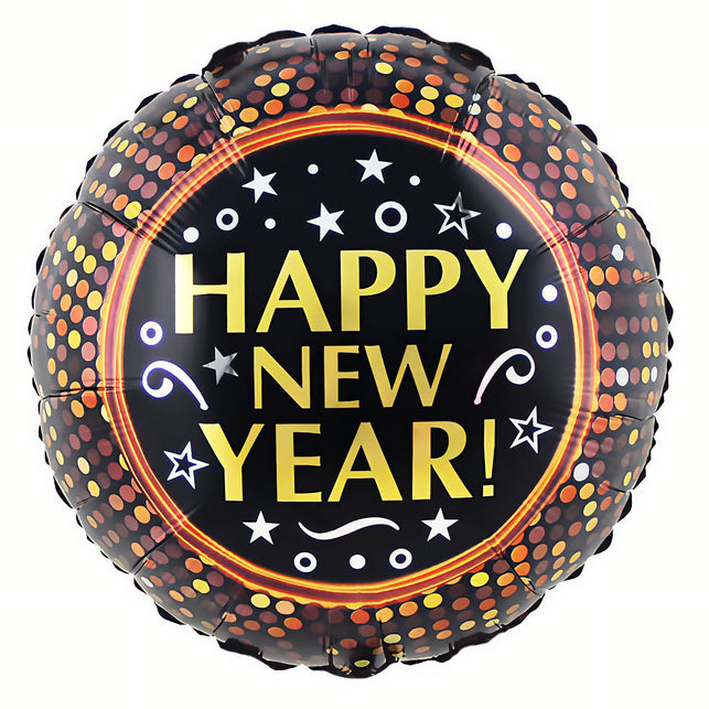 Folieballon Happy New Year in zwart met gouden tekst, witte sterren en oranje stippen voor oudjaarsavond
