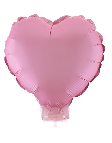 Folieballon hart roze van folie, 28 x 28 cm, op een doorzichtig stokje met houder