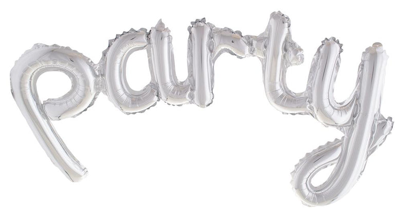 Folieballon party zilver, letterballon met het woord party in schuinschrift van 113 x 46 cm