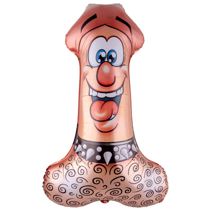 Folieballon penis huidkleur van 57 x 91 cm met lachend gezicht en zwarte spijkerband voor een vrijgezellenfeest