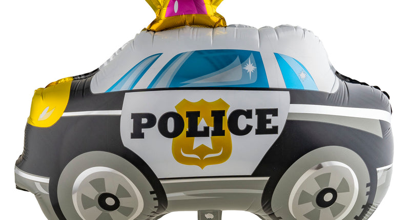 Folieballon politieauto in zwart met wit, met POLICE-opdruk en geel zwaailicht op het dak