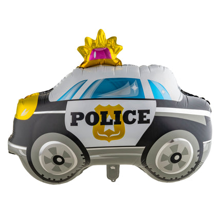 Folieballon politieauto in zwart met wit, met POLICE-opdruk en geel zwaailicht op het dak