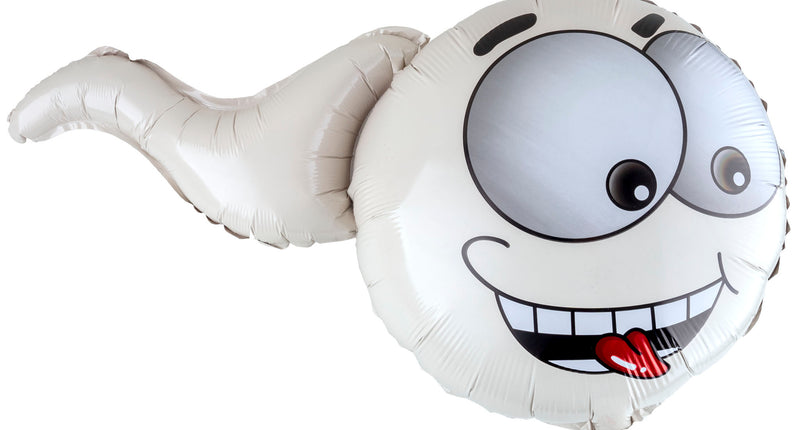 Folieballon sperma wit met cartoongezicht, grote scheve ogen en rode tong, voor een vrijgezellenfeest
