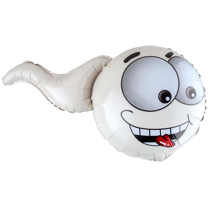 Folieballon sperma wit met cartoongezicht, grote scheve ogen en rode tong, voor een vrijgezellenfeest