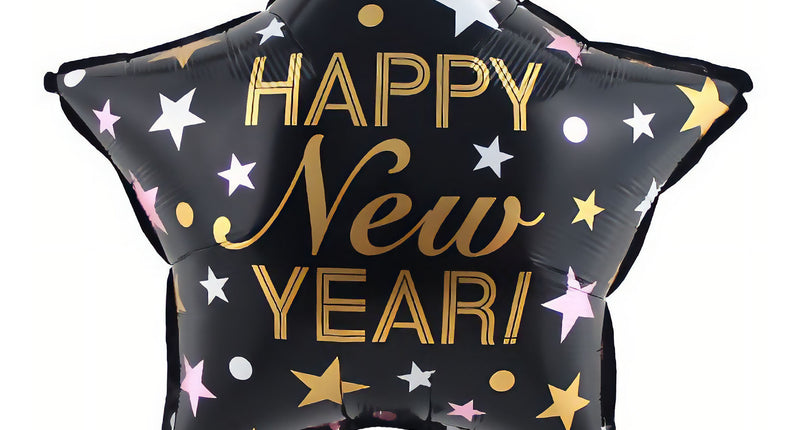 Folieballon ster Happy New Year in zwart met gouden opschrift en sterretjes voor oud en nieuw